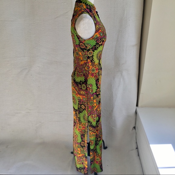 Vintage 60s 70s Paisley Print Neon Long Maxi Dress - Picture 4 of 8